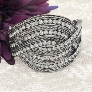 Chunky Silver Rhinestone Statement Hinged Bracelet